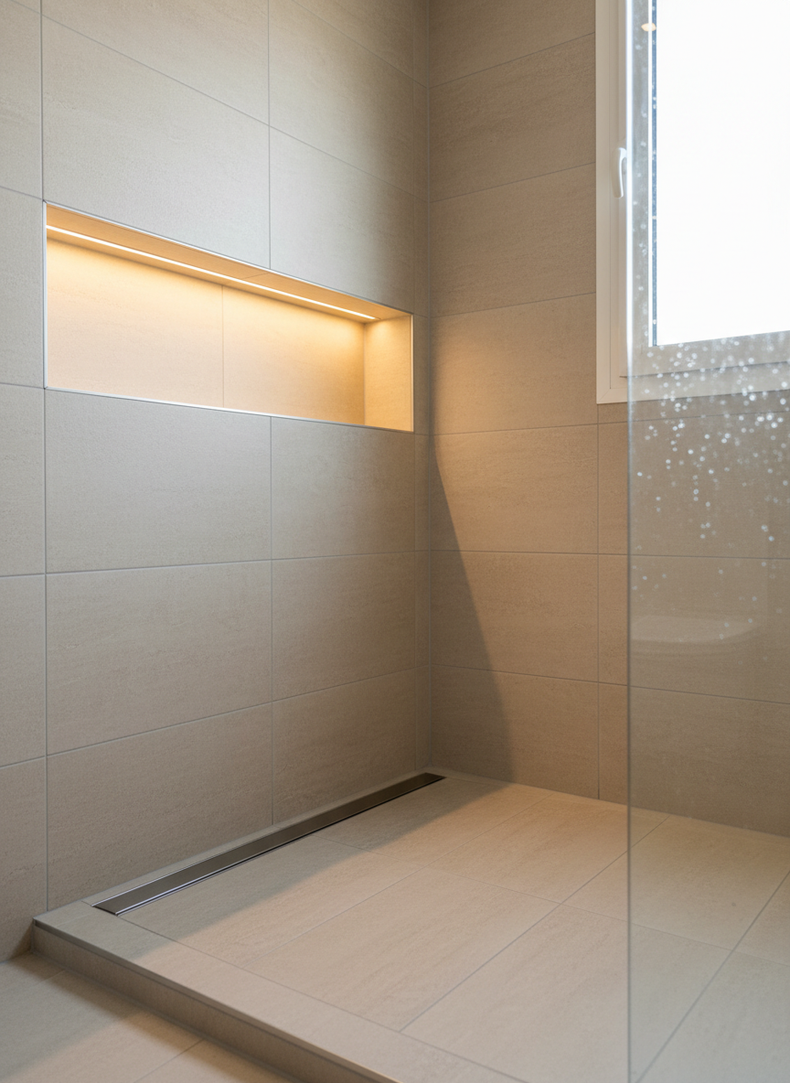 A detailed close-up of professional bathroom reforma work in a Madrid home, focusing on a newly tiled shower corner. Large-format, light beige porcelain tiles with a subtle stone texture are perfectly aligned, with ultra-thin, even grout lines. A linear stainless-steel drain integrates seamlessly into the gently sloped shower floor, and a built-in niche with matching tiles shows immaculate mitered corners. Water droplets bead on the glass shower partition, hinting at recent testing. Soft, diffused LED strip lighting hidden in the niche casts a warm, clean glow, highlighting the precision of the installation. The background is softly blurred to keep attention on the craftsmanship. Shot in close photographic realism with shallow depth of field, the mood is professional and meticulous, ideal to showcase high-end baño reformado y bien impermeabilizado.