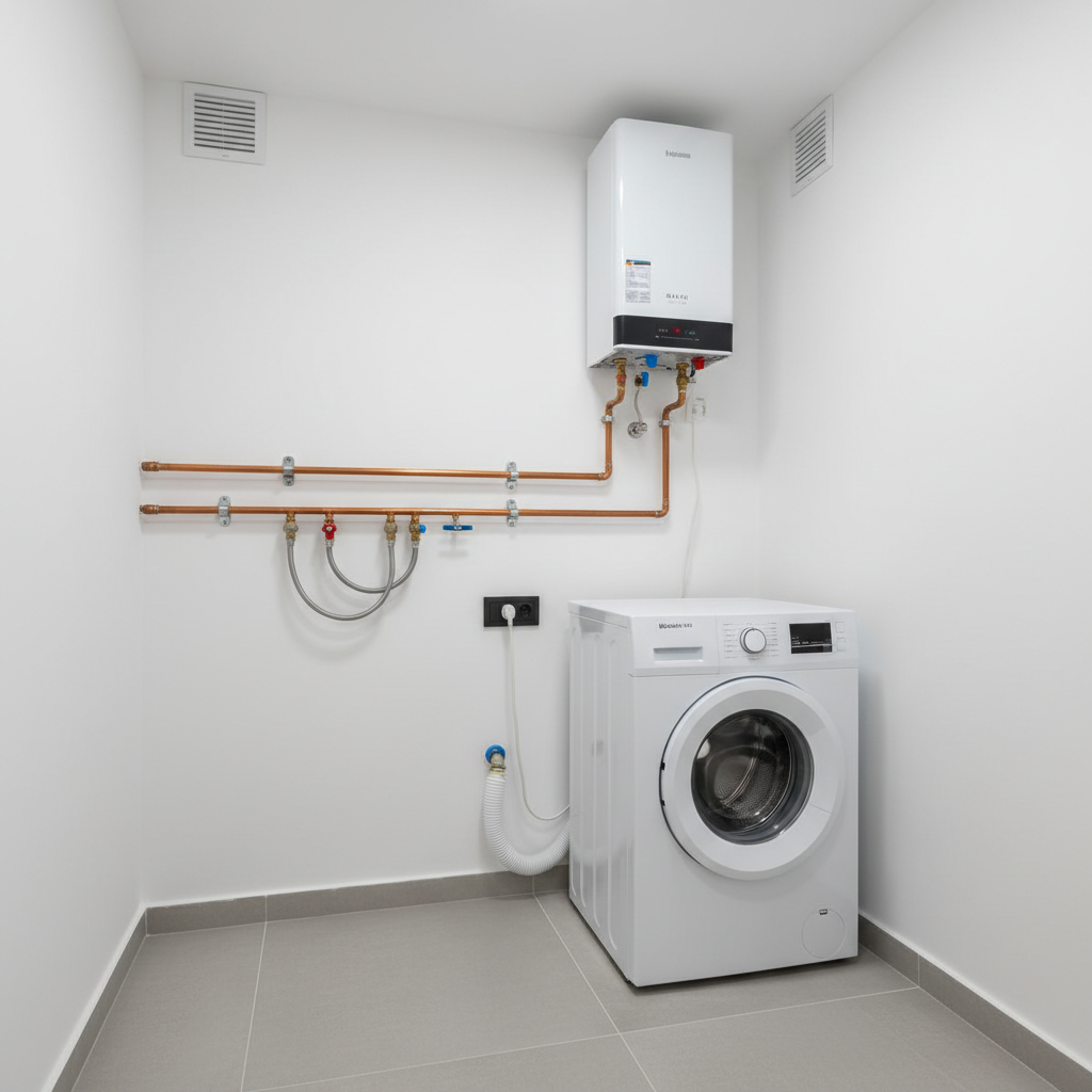 A compact utility room in a Madrid vivienda showcasing meticulous mantenimiento and reforma, with a newly installed high-efficiency water heater mounted on a pristine white wall. All copper and flexible hoses are neatly aligned and securely fixed with clean brackets, labeled shut-off valves, and perfectly sealed joints. Below, a white washing machine is leveled on smooth, light gray porcelain floor tiles, with a tidy, recently installed drainage connection and power outlet at the correct height. Ventilation grilles on the upper wall are spotless, and silicone sealing around all contact points is continuous and smooth. Bright, neutral LED ceiling lighting evenly illuminates the entire space, casting minimal shadows and highlighting cleanliness and order. Photographed from a slightly elevated angle with sharp photographic realism, the mood is technical, trustworthy, and professional, ideal to convey reliable mantenimiento de instalaciones en el hogar.